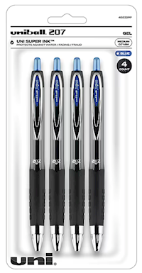 PENS, GEL, RETRACTABLE, UNIBALL 207, MEDIUM POINT, 0.7MM, BLUE INK, 4/CT MAIN